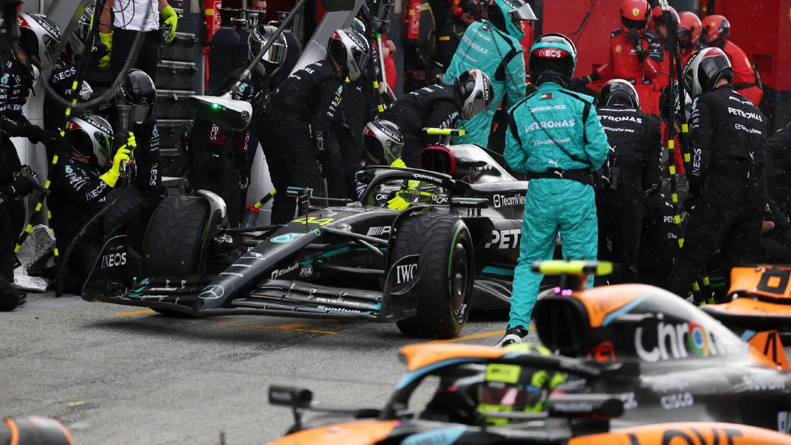 Lewis Hamilton, Mercedes F1 driver, makes a pitstop during the Dutch Grand Prix at Zandvoort.