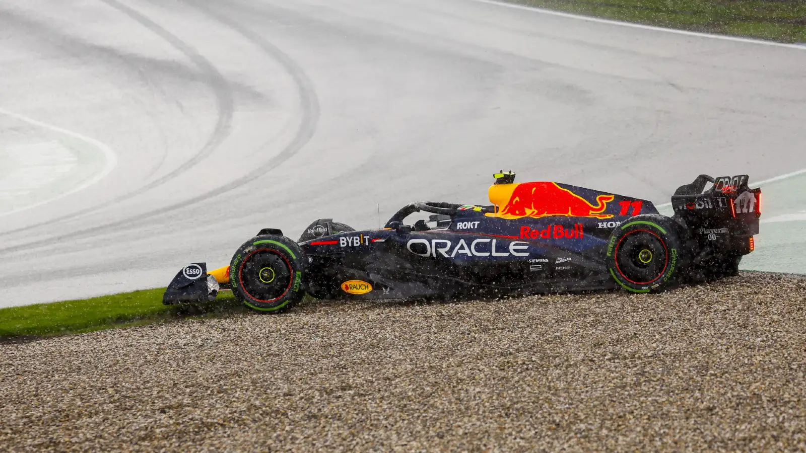 Sergio Perez, Red Bull driver, makes a mistake at Turn 1 late in the Dutch Grand Prix.