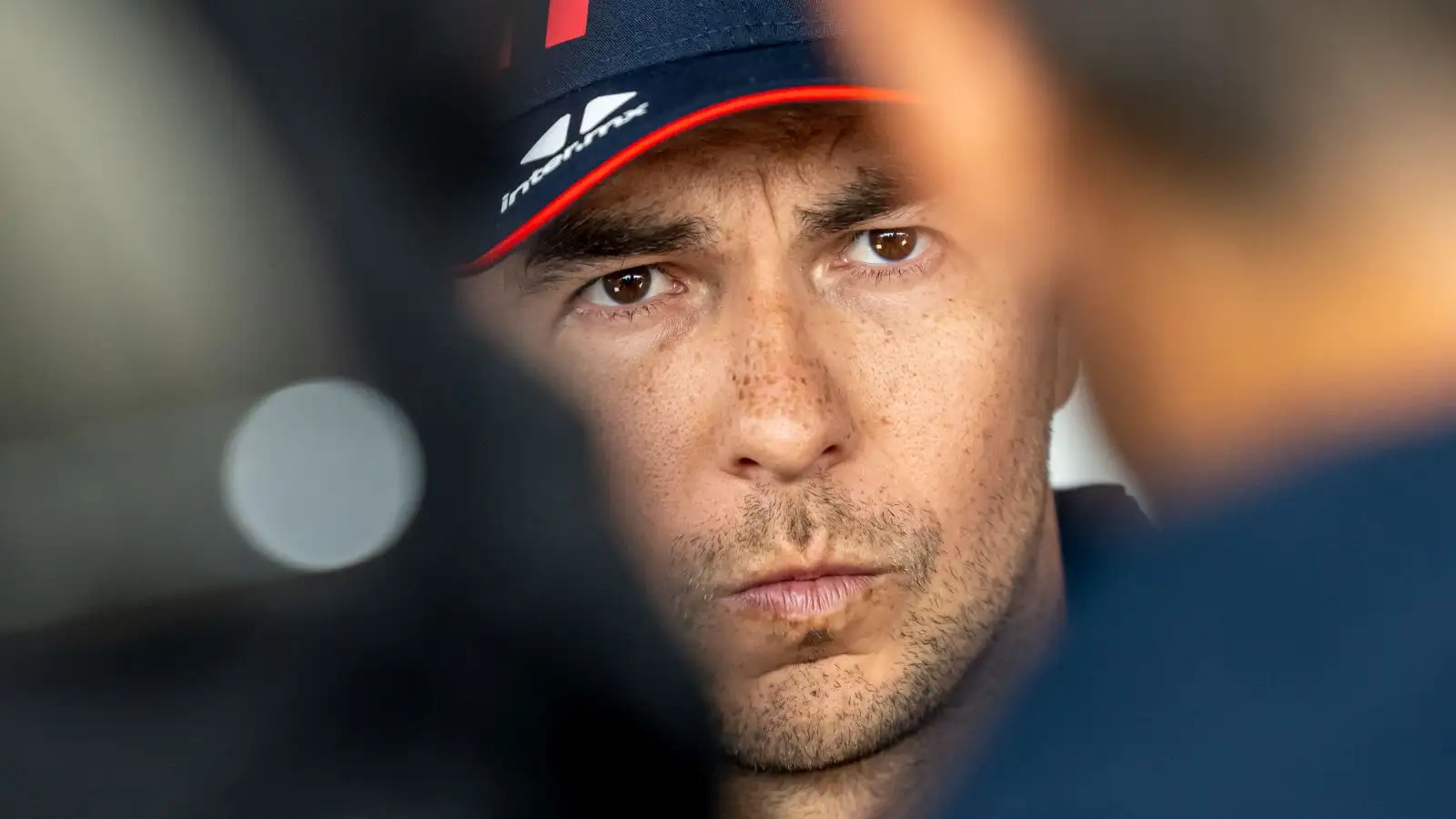 Red Bull driver Sergio Perez faces questions from the media at the Dutch Grand Prix at Zandvoort.