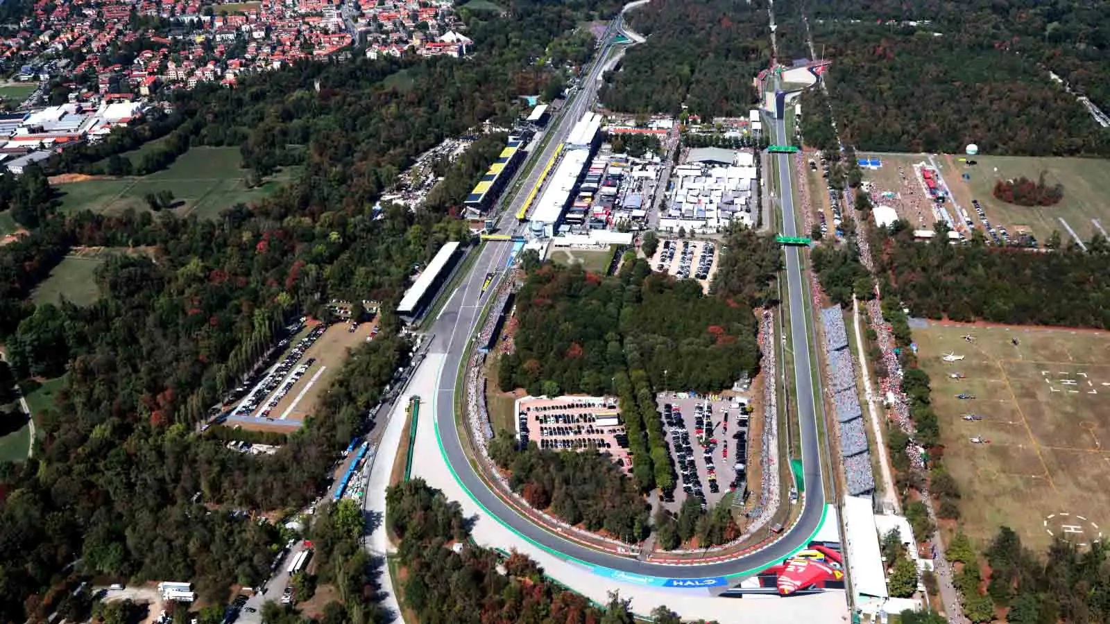 An aerial view of Parabolica during the Italian Grand Prix at Monza.