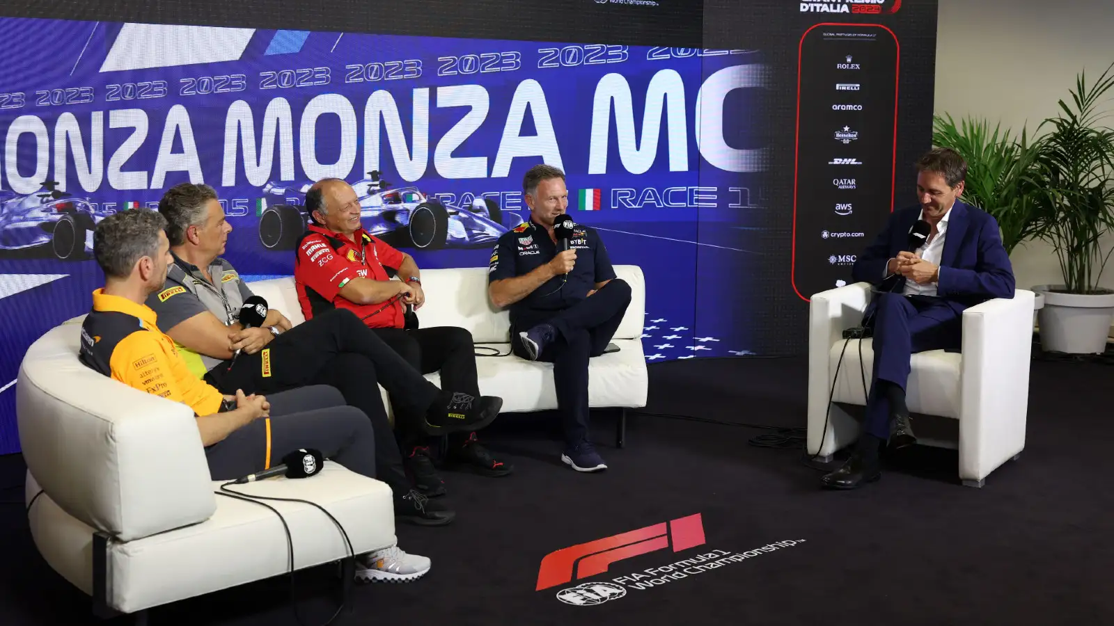 Italian Grand Prix: Red Bull's Christian Horner, Ferrari's Fred Vasseur, McLaren's Andrea Stella, and Pirelli's Mario Isola speak to the media.
