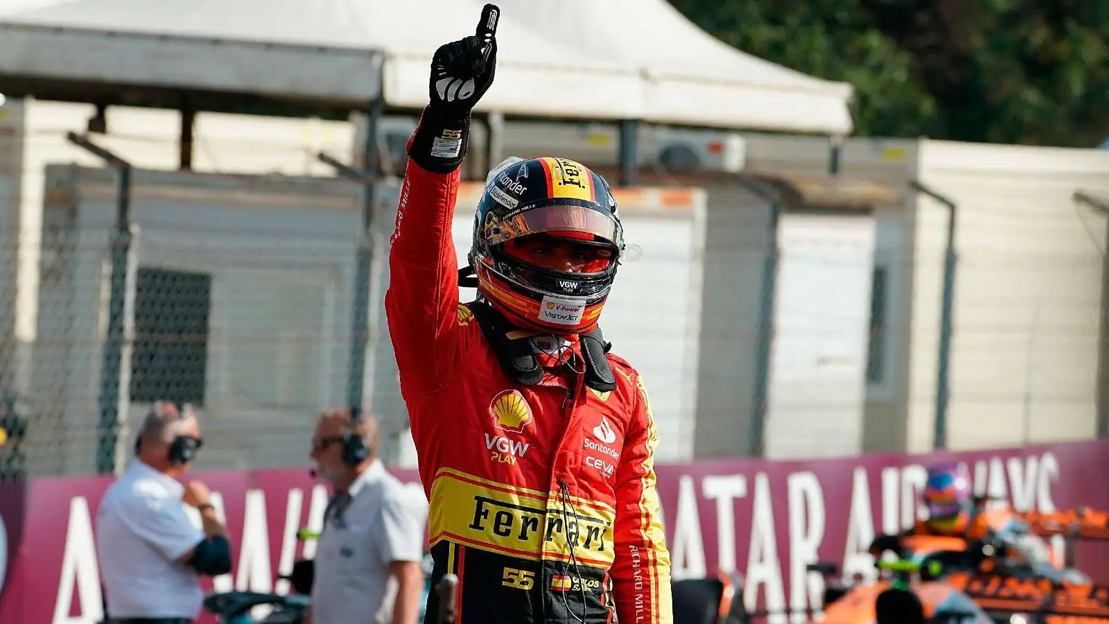 Carlos Sainz, Ferrari, celebrates pole. Italy, September 2023.