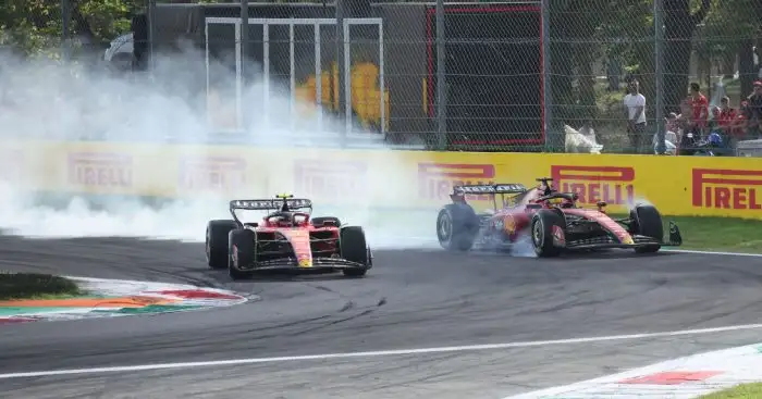 Ferrari teammates Carlos Sainz and Charles Leclerc fighting for position at the Italian Grand Prix.