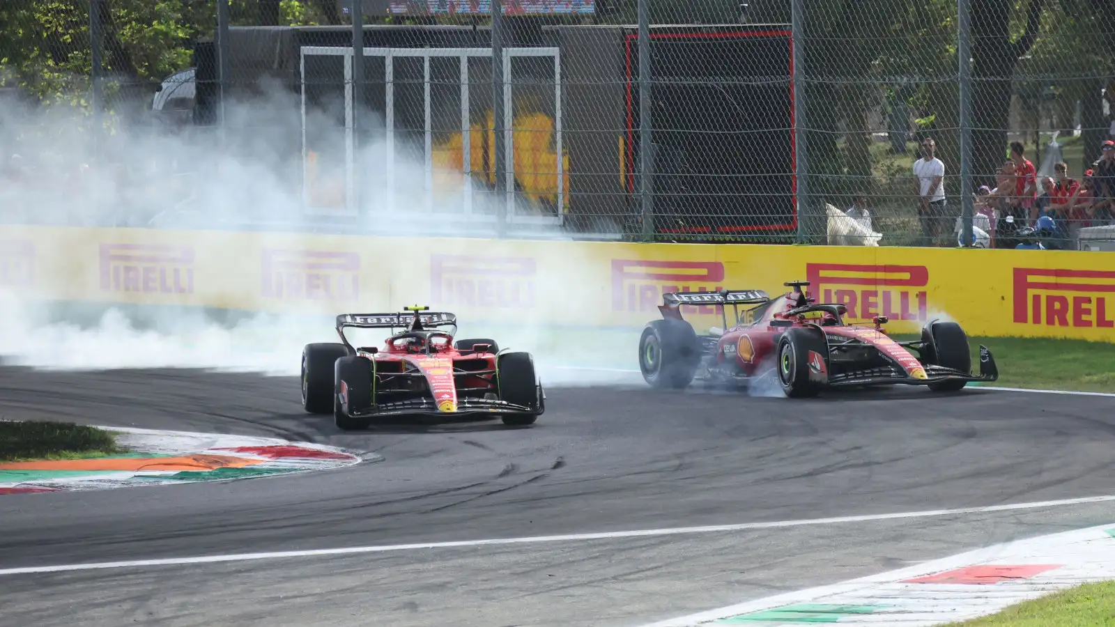 Ferrari teammates Carlos Sainz and Charles Leclerc fighting for position at the Italian Grand Prix.