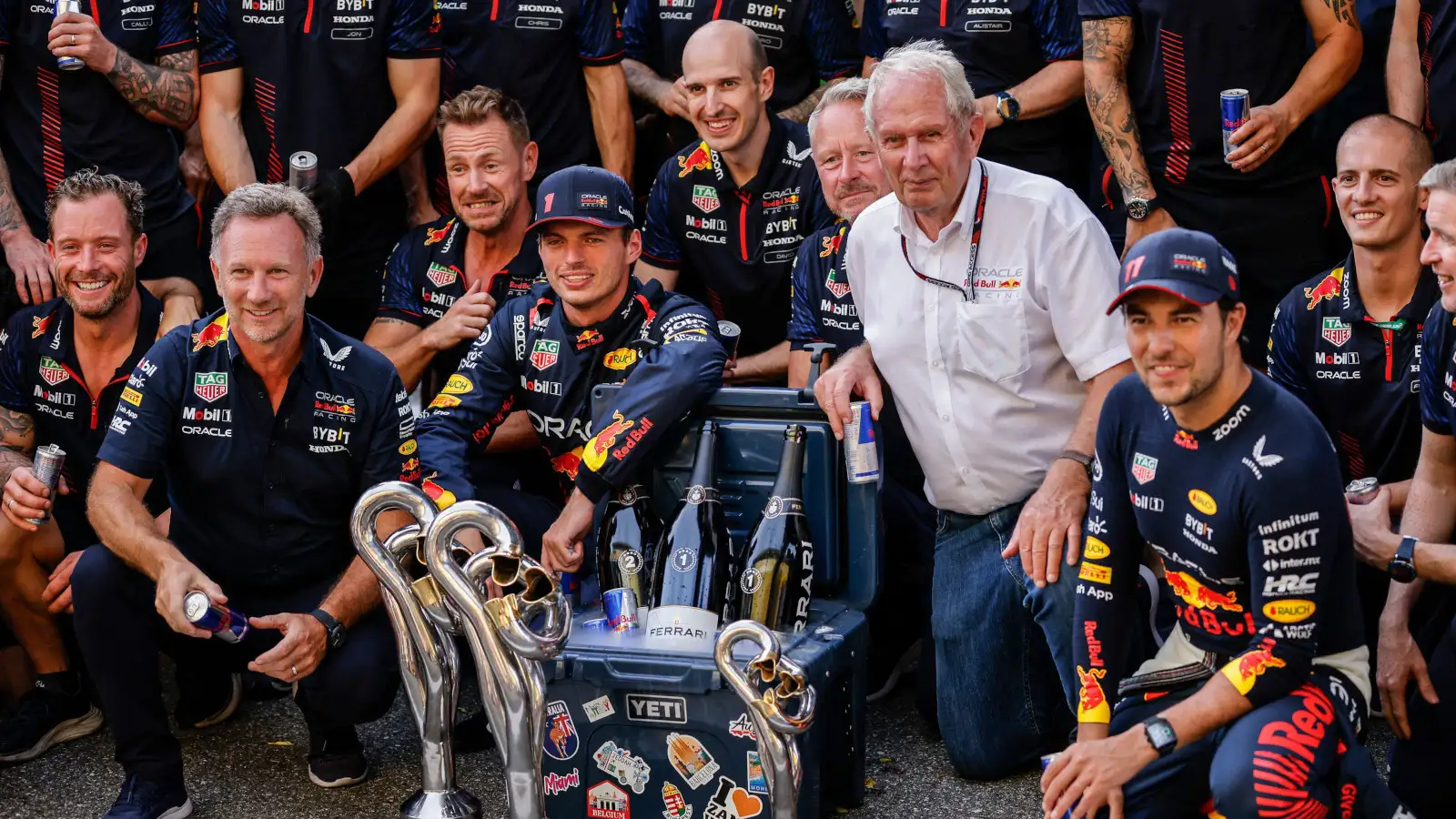 The Red Bull team in the traditional photograph with the Monza trophies.