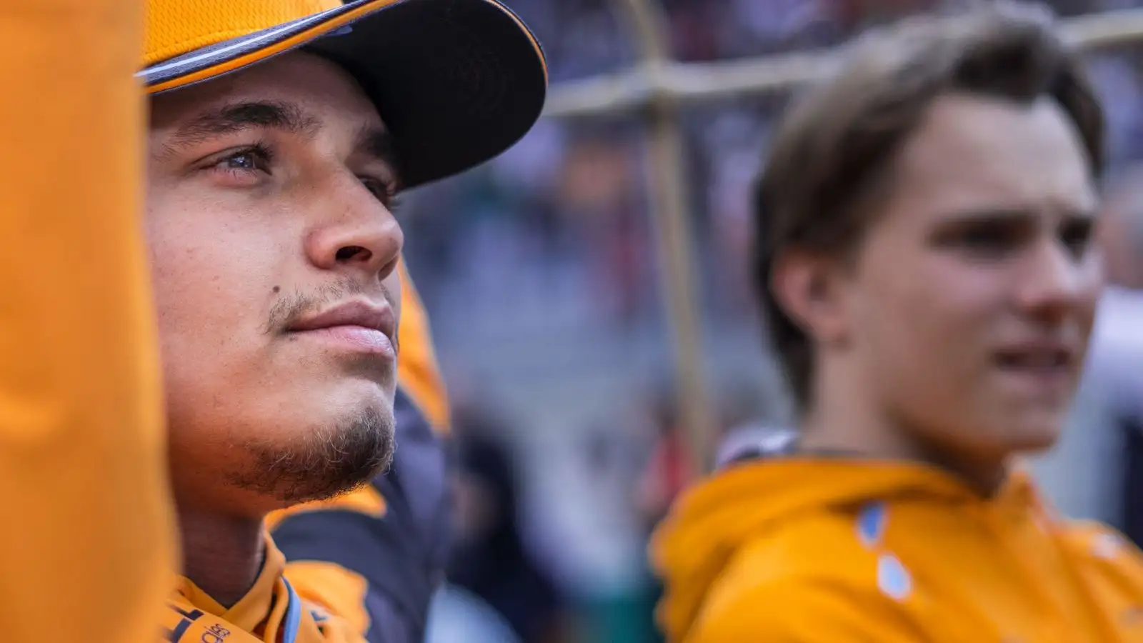 McLaren drivers Lando Norris and Oscar Piastri during the drivers' parade ahead of the 2023 Austrian Grand Prix.