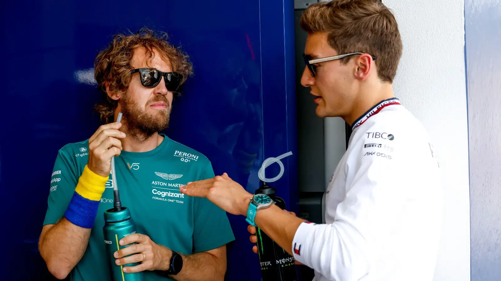 Sebastian Vettel speaking with George Russell.