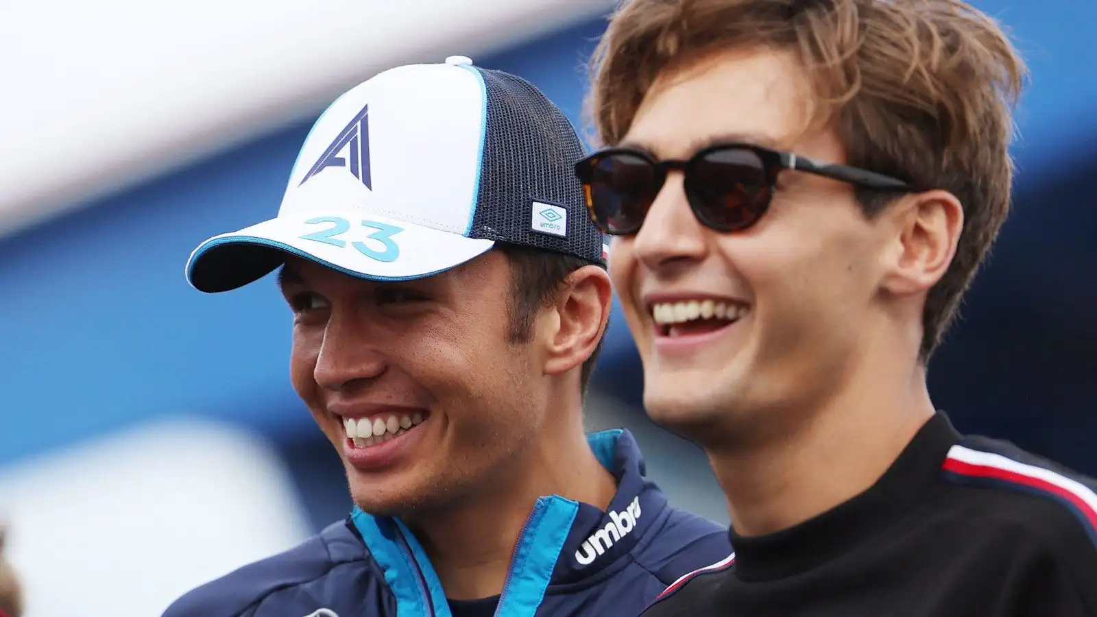 Williams driver Alex Albon and George Russell having a laugh.