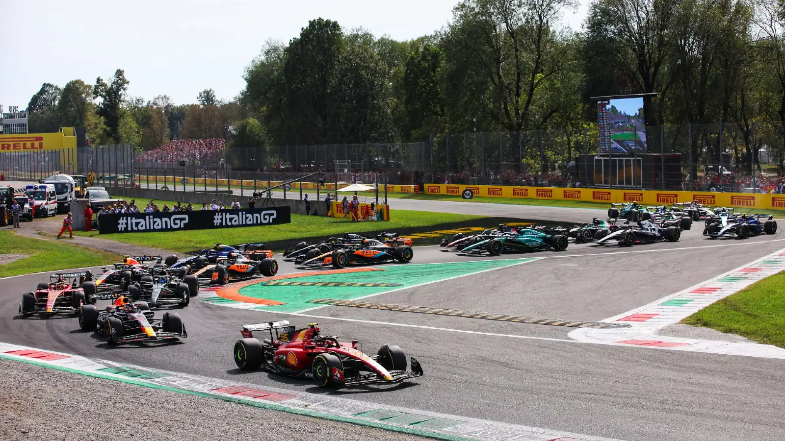 Monza: The cars go through the first chicane at the Italian Grand Prix.