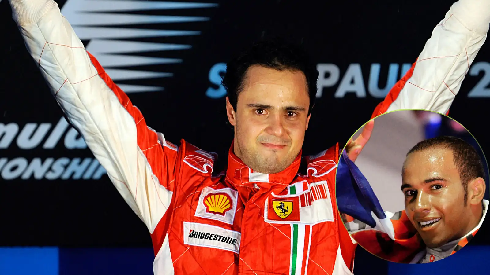 2008 F1 World Champion Lewis Hamilton with runner-up Felipe Massa pictured on the podium at the Brazilian Grand Prix.