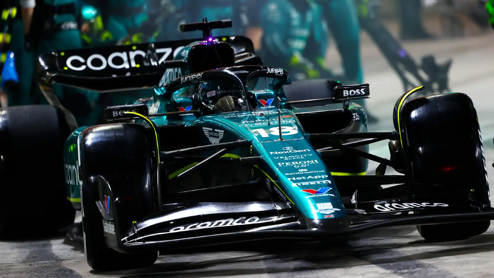 Aston Martin's Lance Stroll exits the pits during the Qatar Grand Prix.