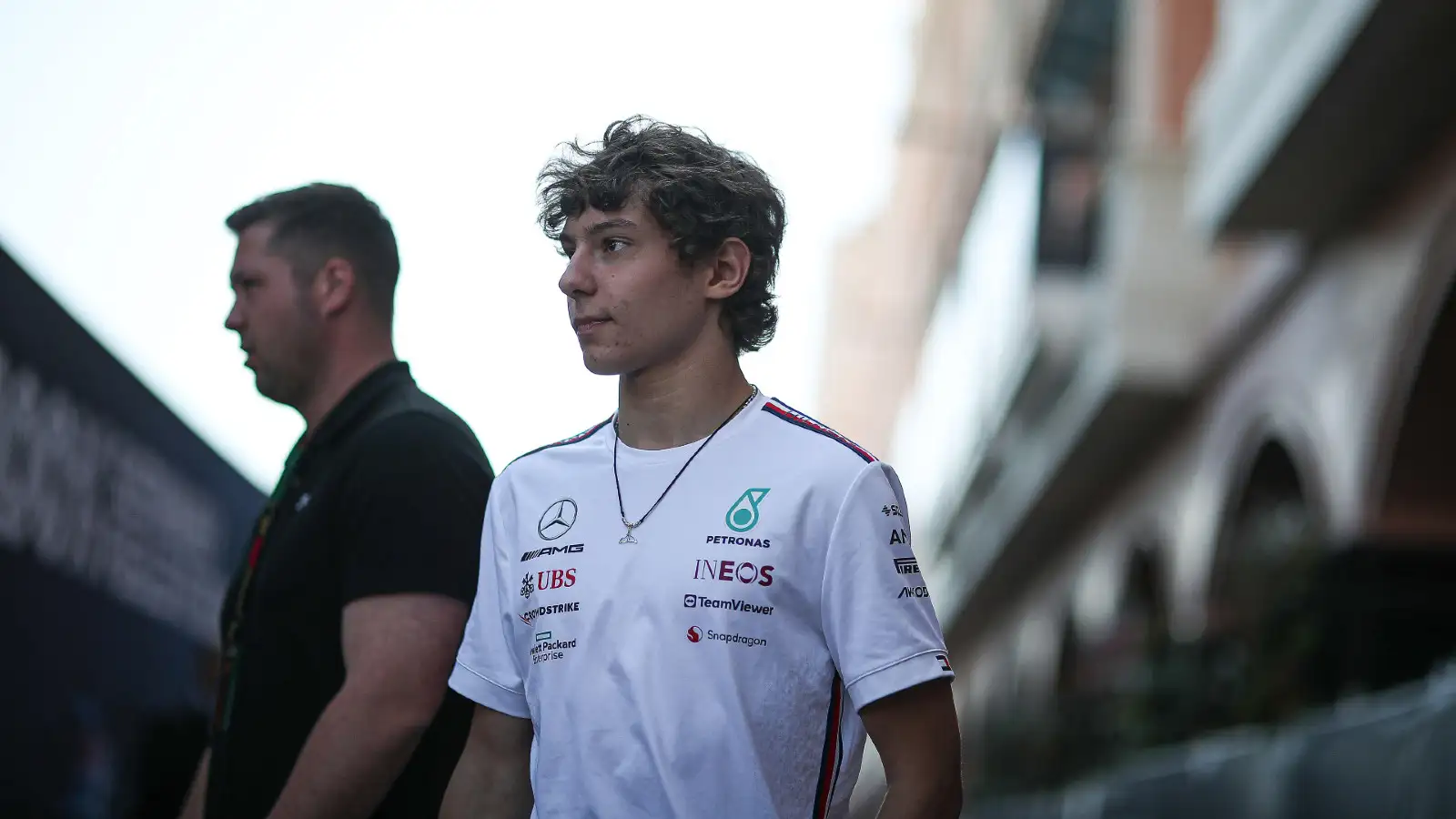安德里亚基米安东内利, pictured during the 2023 season attending a race with Mercedes.