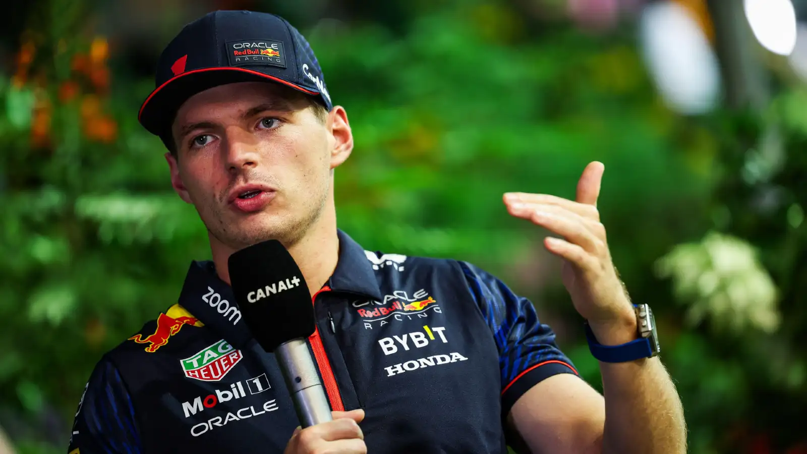 Singapore: Red Bull's Max Verstappen engages with the media at Marina Bay.