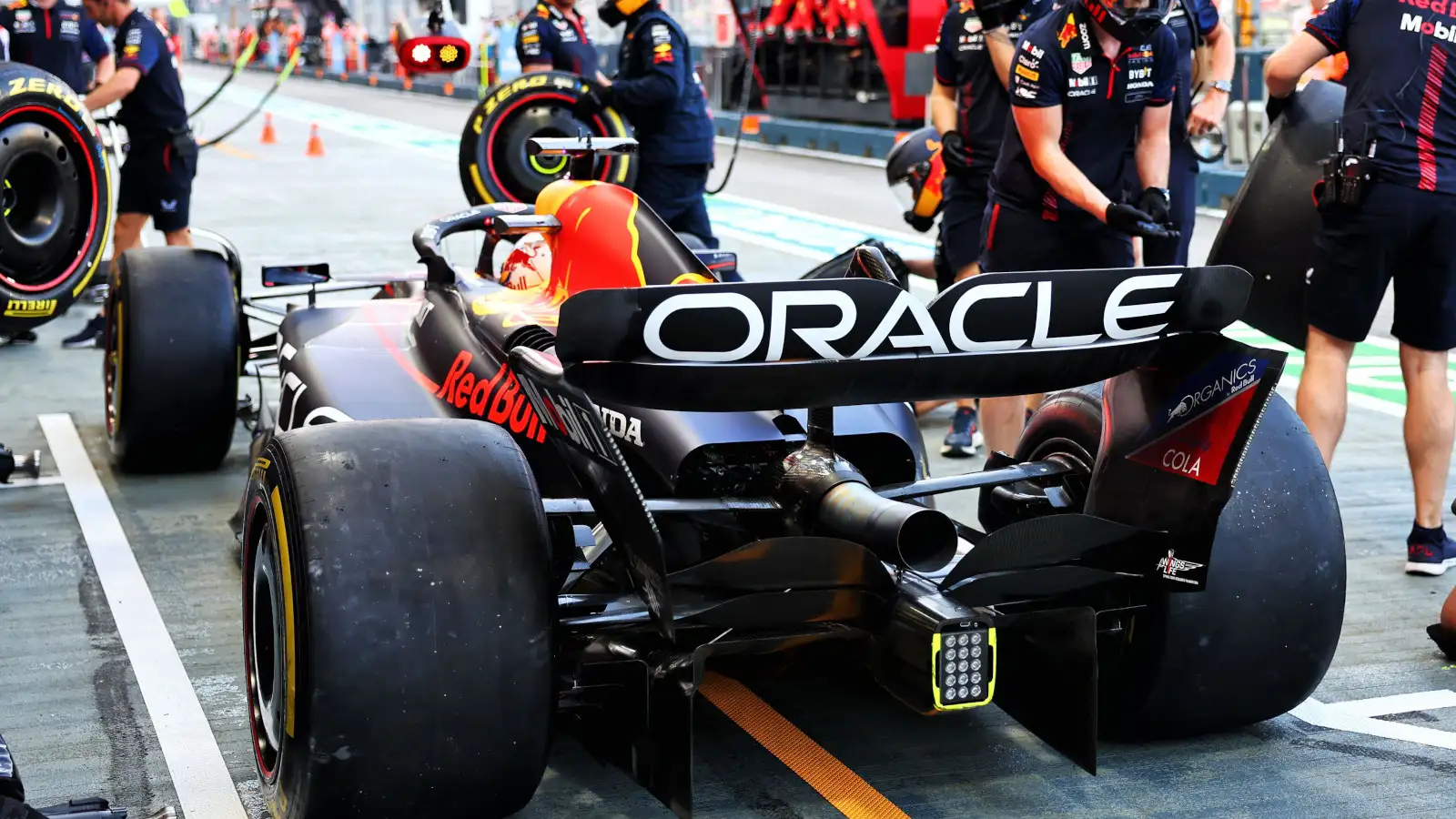 Reigning World Champion Max Verstappen pulls into the Red Bull pits in Singapore.