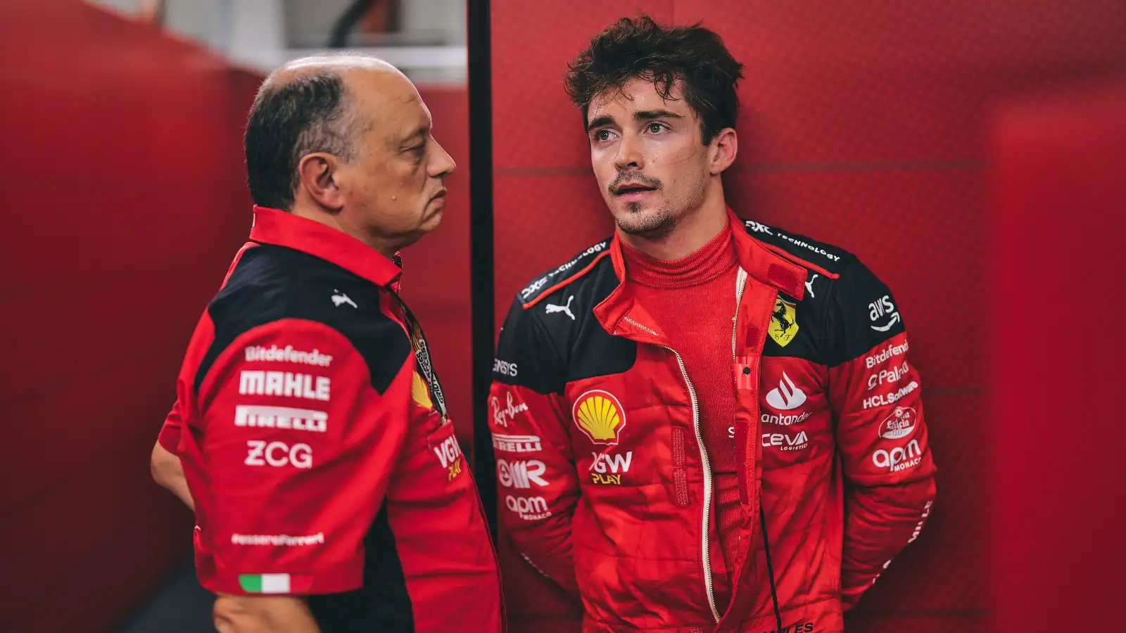 Ferrari's Fred Vasseur and Charles Leclerc