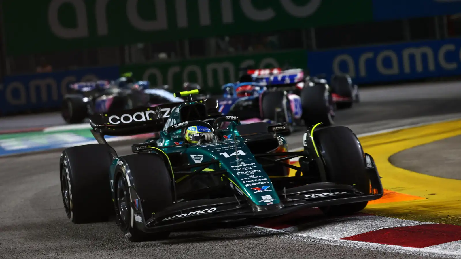 Aston Martin's Fernando Alonso on track at the Singapore Grand Prix.