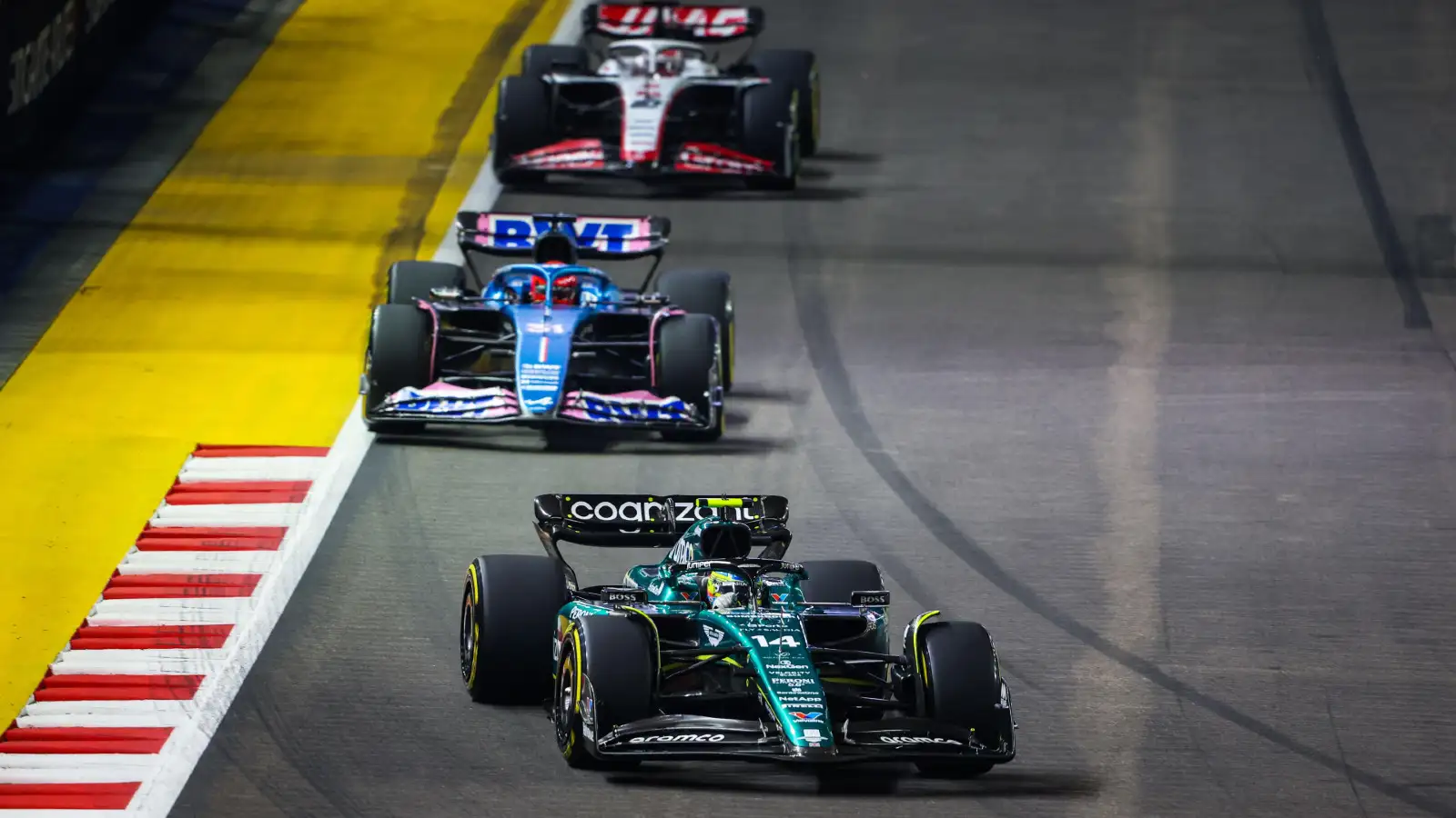 Aston Martin's Fernando Alonso on track at the Singapore Grand Prix.