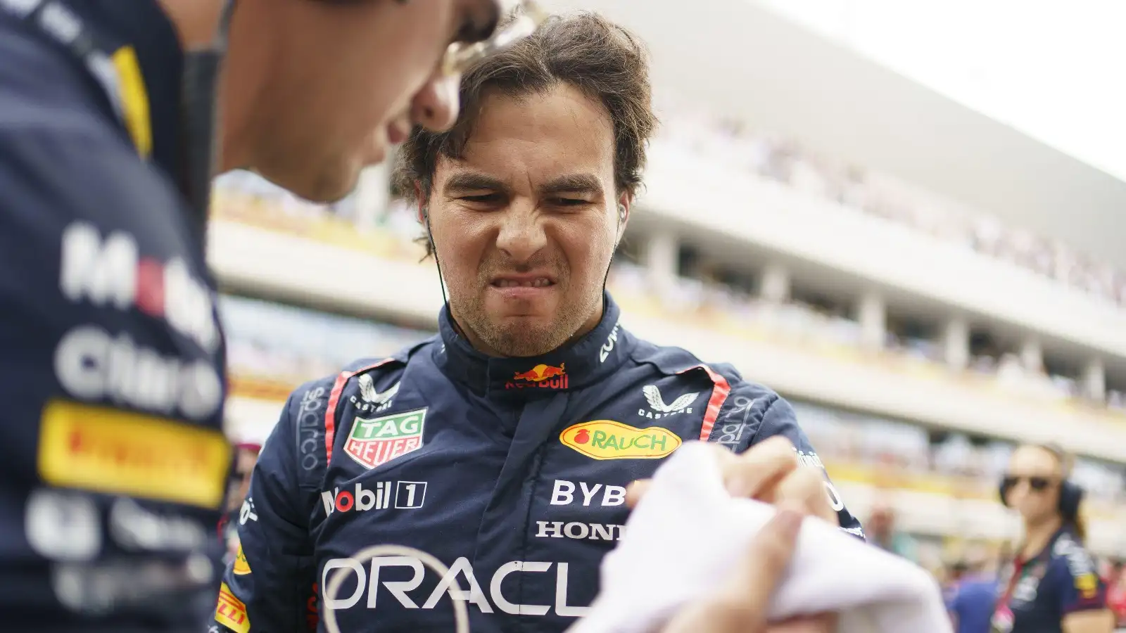 Red Bull's Sergio Perez pulls a disapproving face.