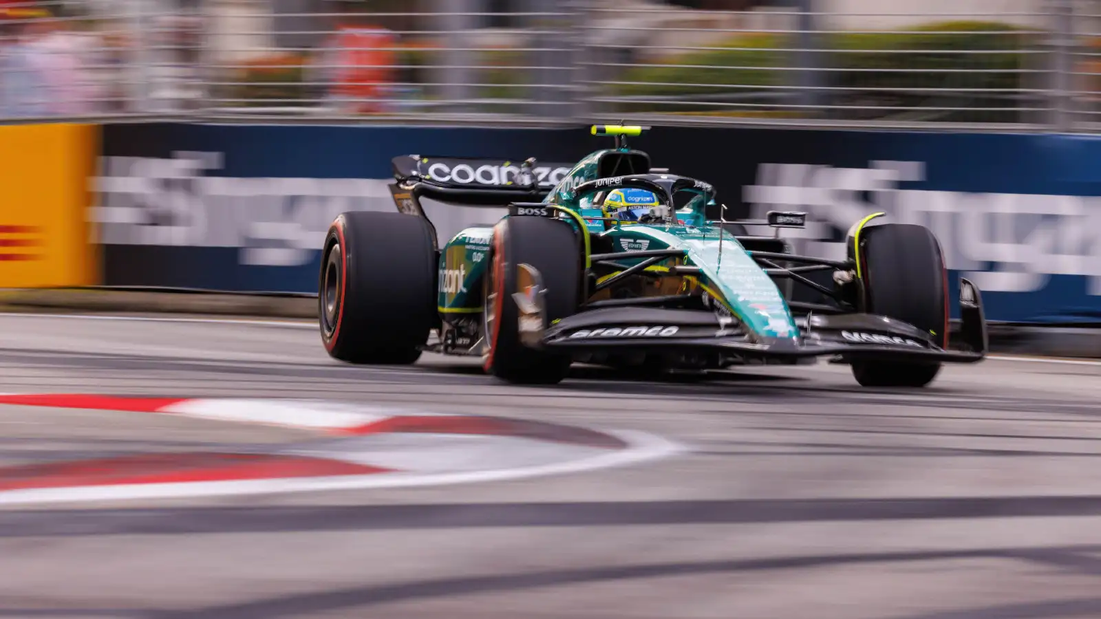 Aston Martin's Fernando Alonso on track at the Singapore Grand Prix.