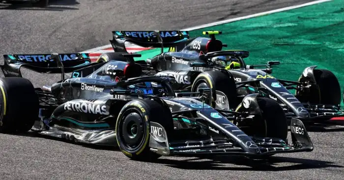 George Russell and Lewis Hamilton, Mercedes, battle. Japan, September 2023.