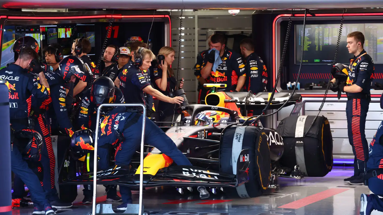 Red Bull's Sergio Perez in the garage during the Japanese Grand Prix.