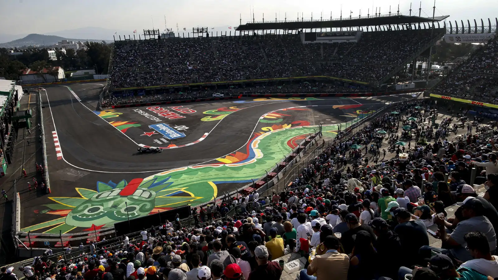 The crowd watching on in the stadium section at the Mexico City Grand Prix.