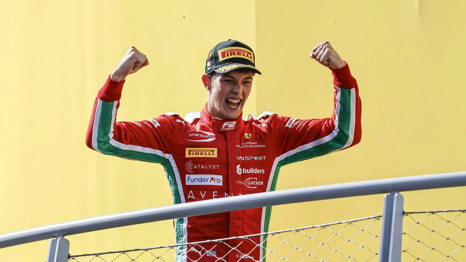 Ferrari junior Oliver Bearman celebrates Formula 2 victory.