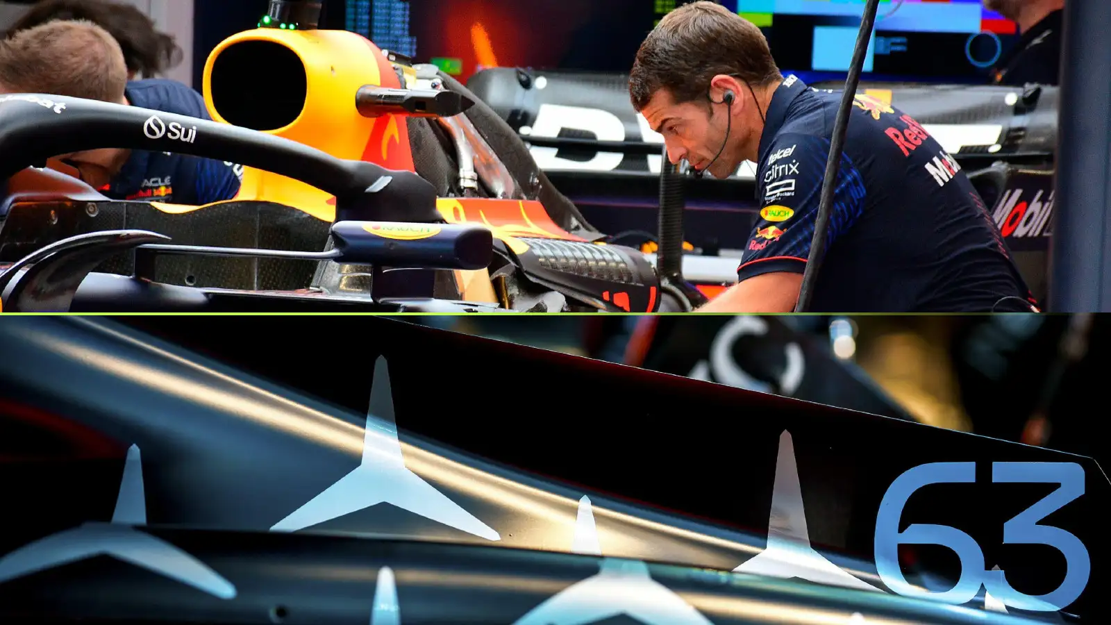 Red Bull and Mercedes F1 cars seen ahead of the Qatar Grand Prix weekend.