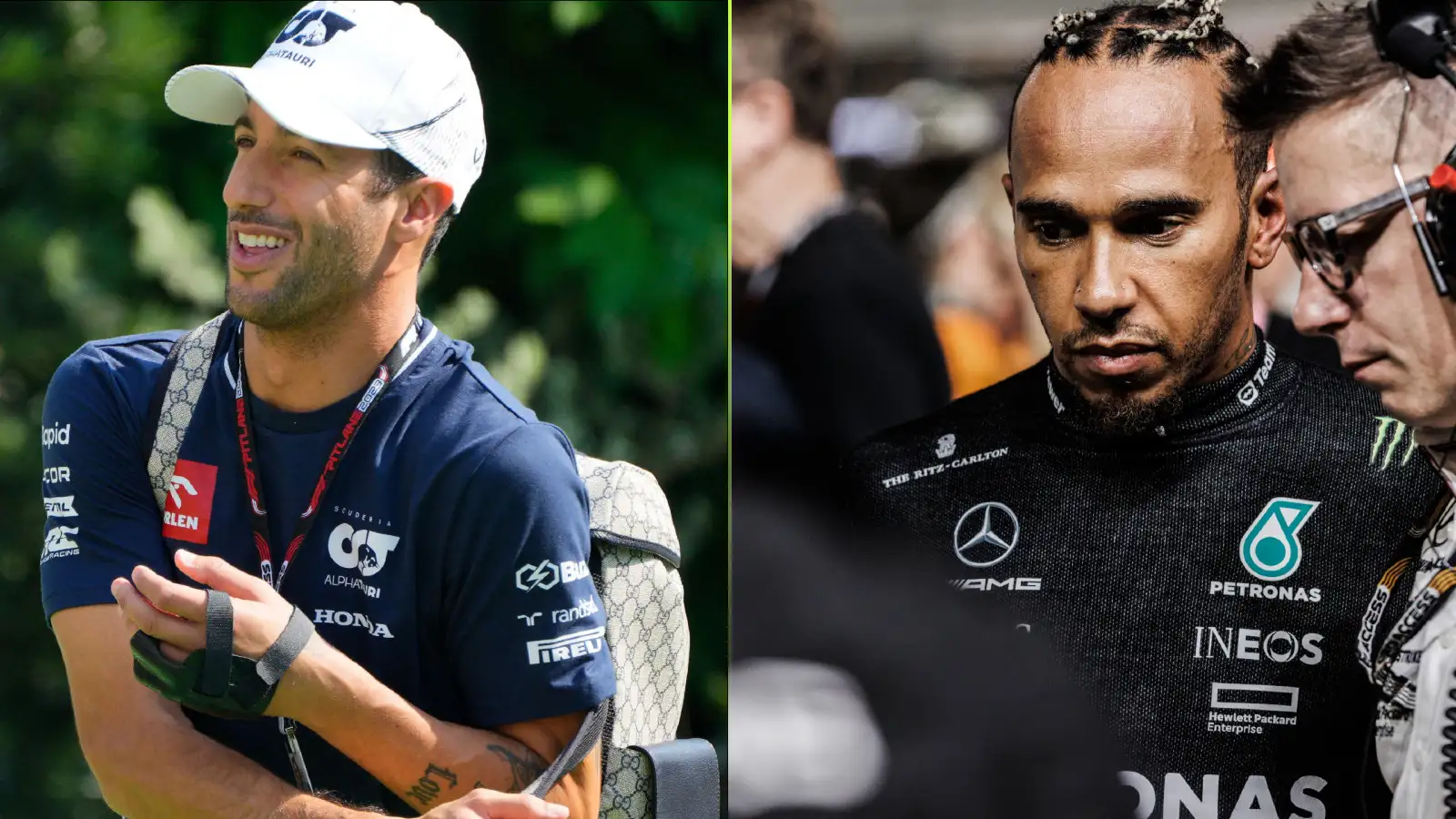 AlphaTauri's Daniel Ricciardo and Mercedes' Lewis Hamilton.
