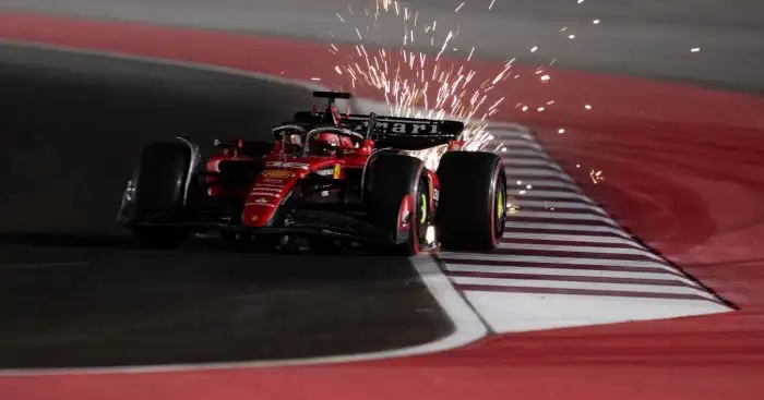 Ferrari driver Charles Leclerc kicks up sparks at the 2023 Qatar Grand Prix.