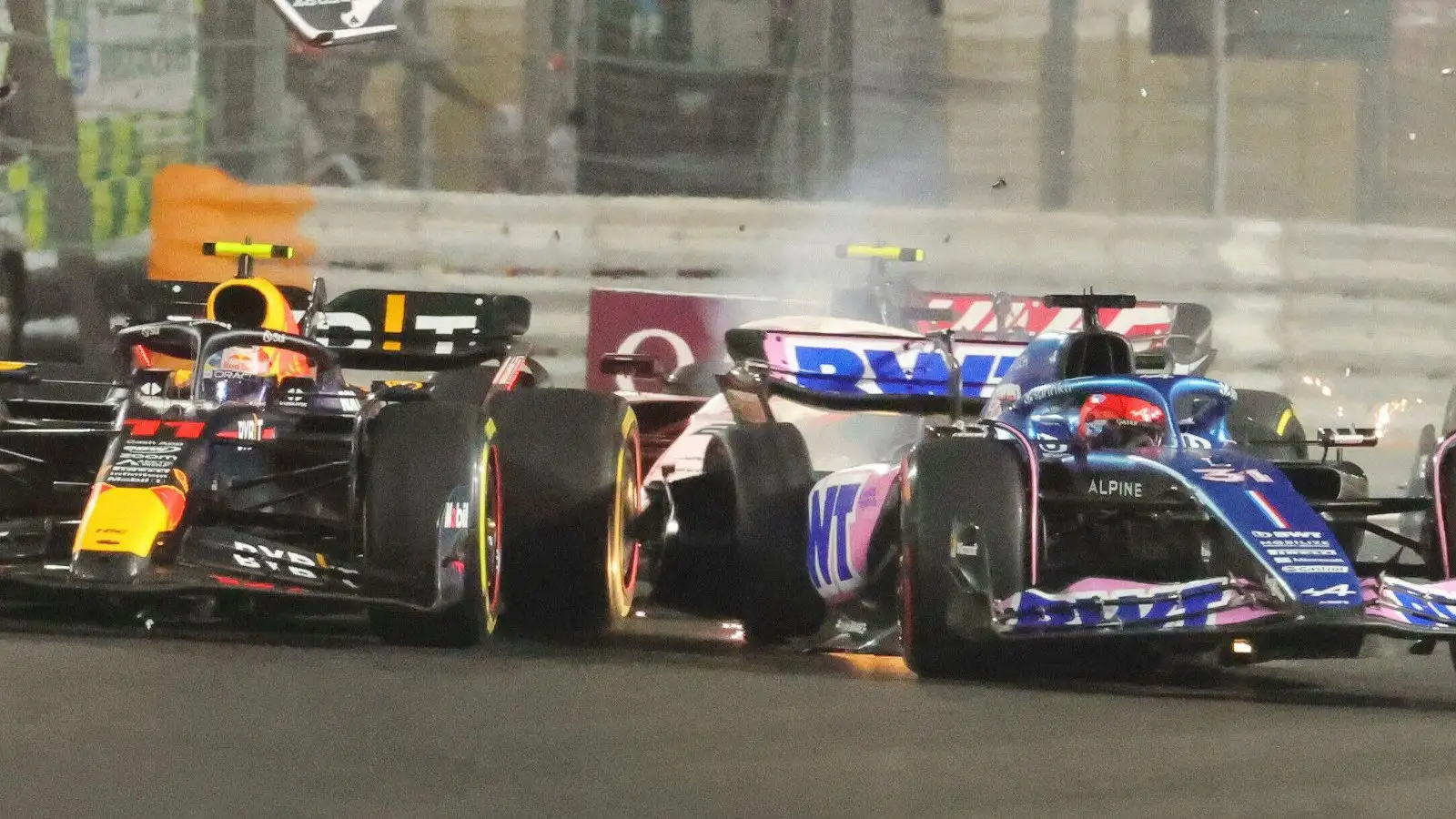 Red Bull driver Sergio Perez, Nico Hulkenberg and Esteban Ocon crash in the Qatar Sprint race.