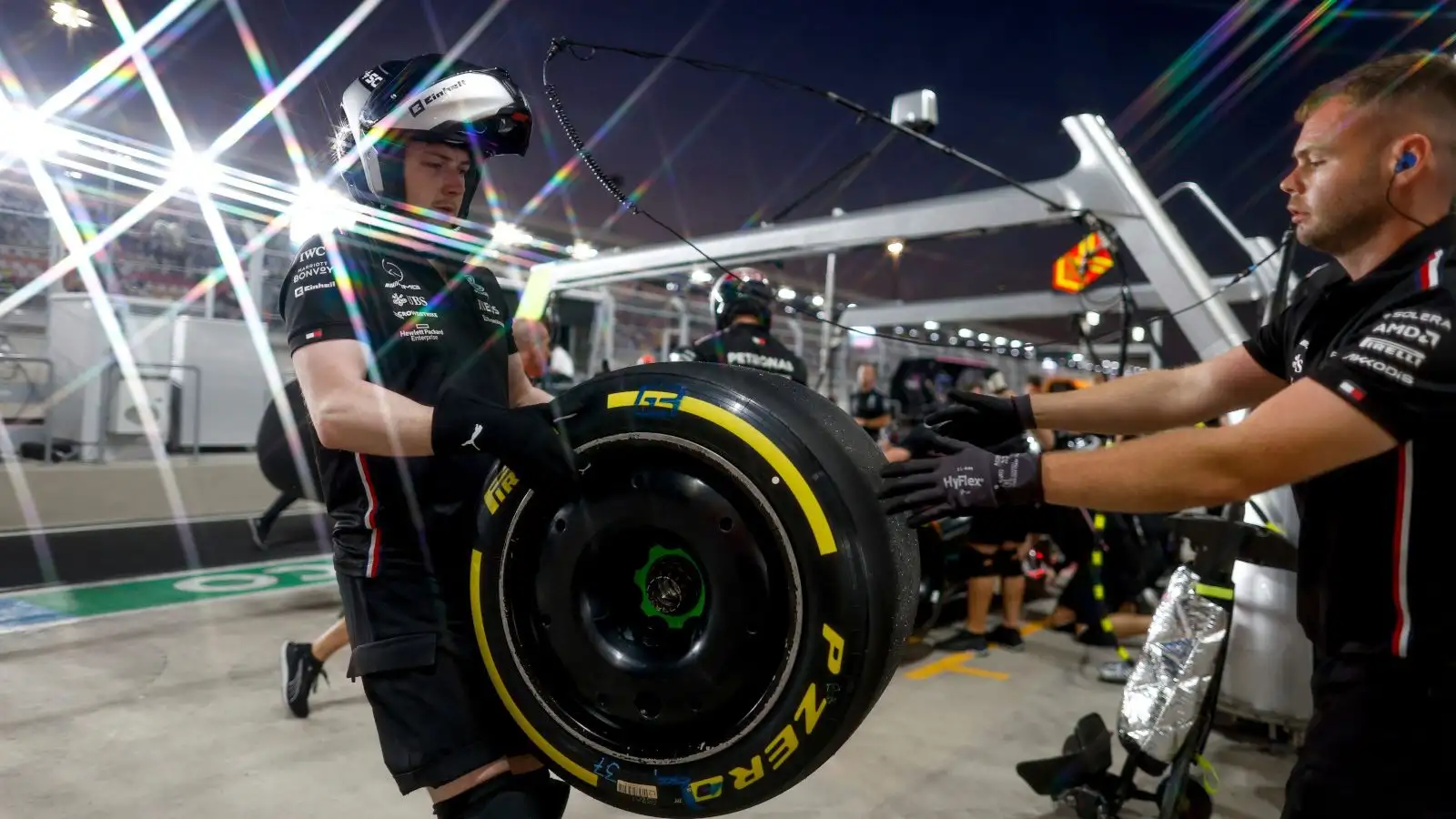 Alpine mechanics with Pirelli tyres.