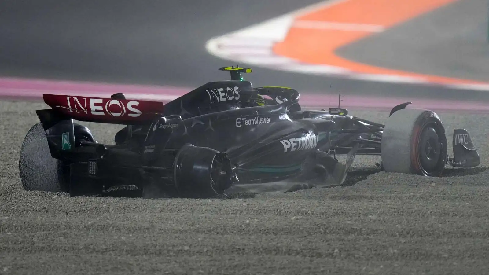 Lewis Hamilton beached in the Qatar gravel.