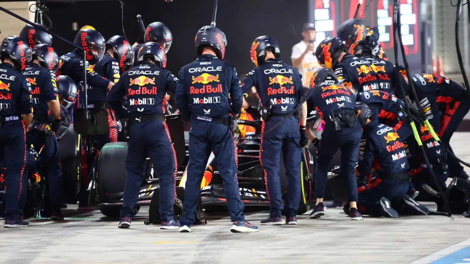 Red Bull's Sergio Perez serves a time penalty during the Qatar Grand Prix.