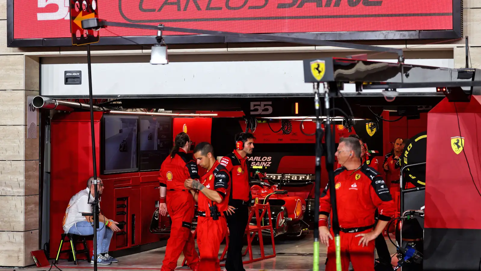 Ferrari driver Carlos Sainz's garage empty bar the car ahead of the Qatar GP.
