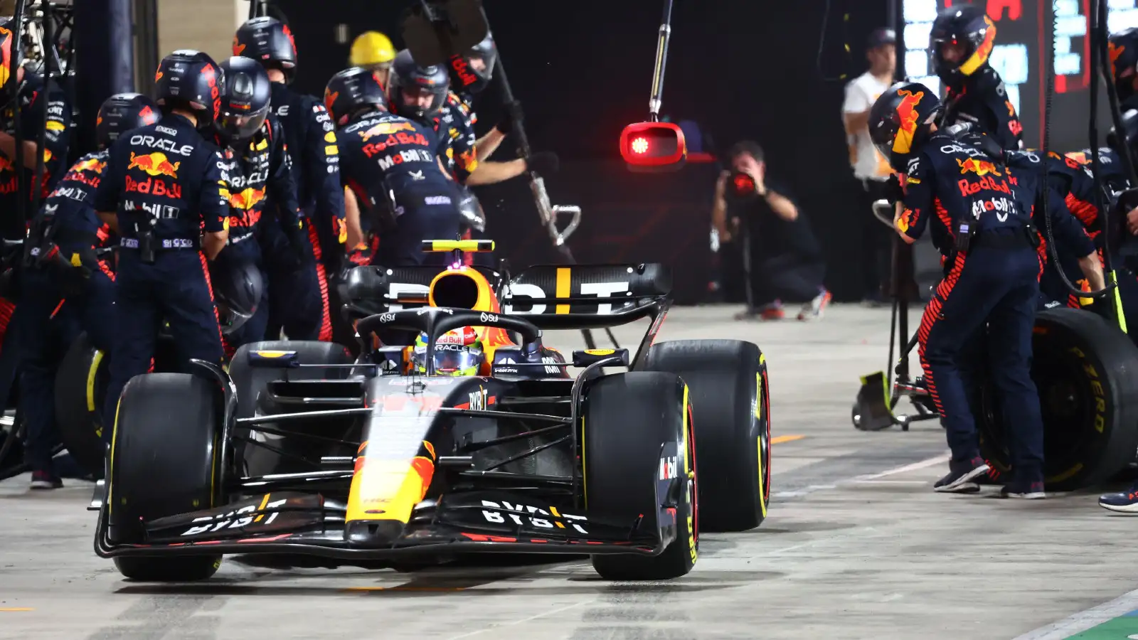Red Bull driver Sergio Perez makes a pitstop during the Qatar Grand Prix.