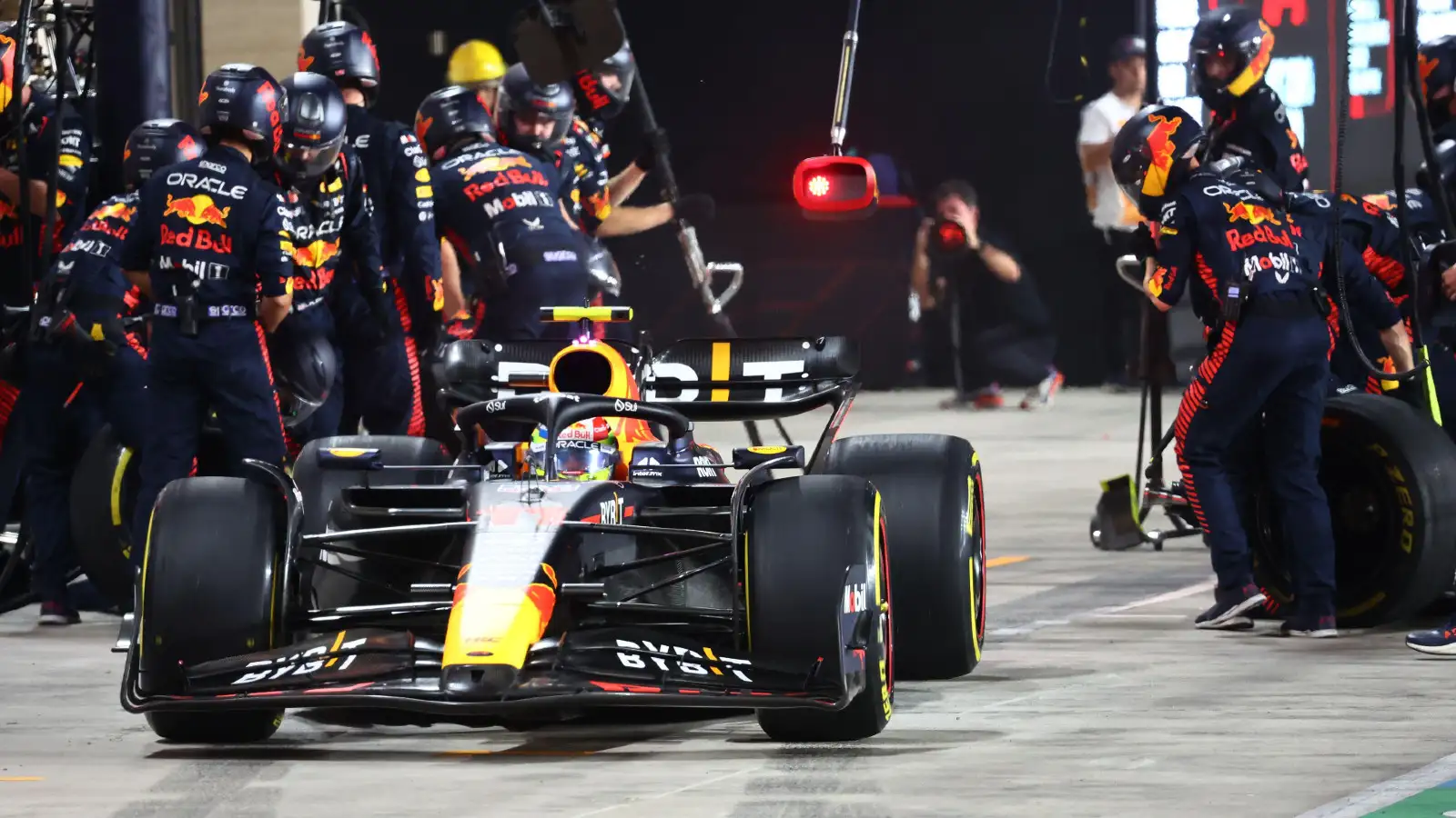 Red Bull's Sergio Perez makes a pitstop during the Qatar Grand Prix.