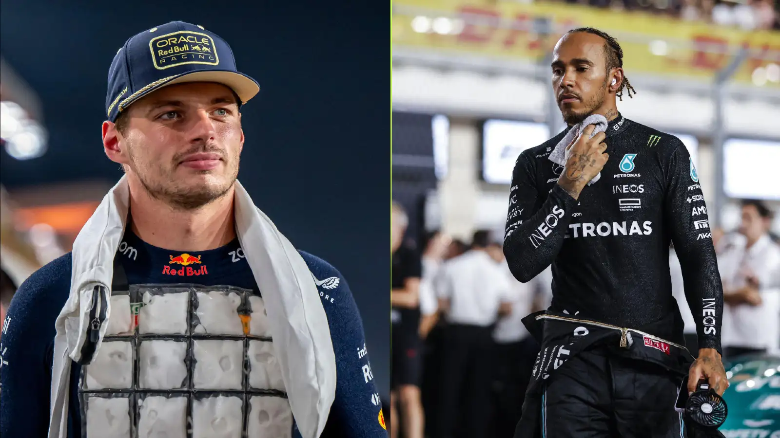 A smiling Max Verstappen walks down the pitlane, while Lewis Hamiltoon stays cool and dry at the Qatar Grand Prix.