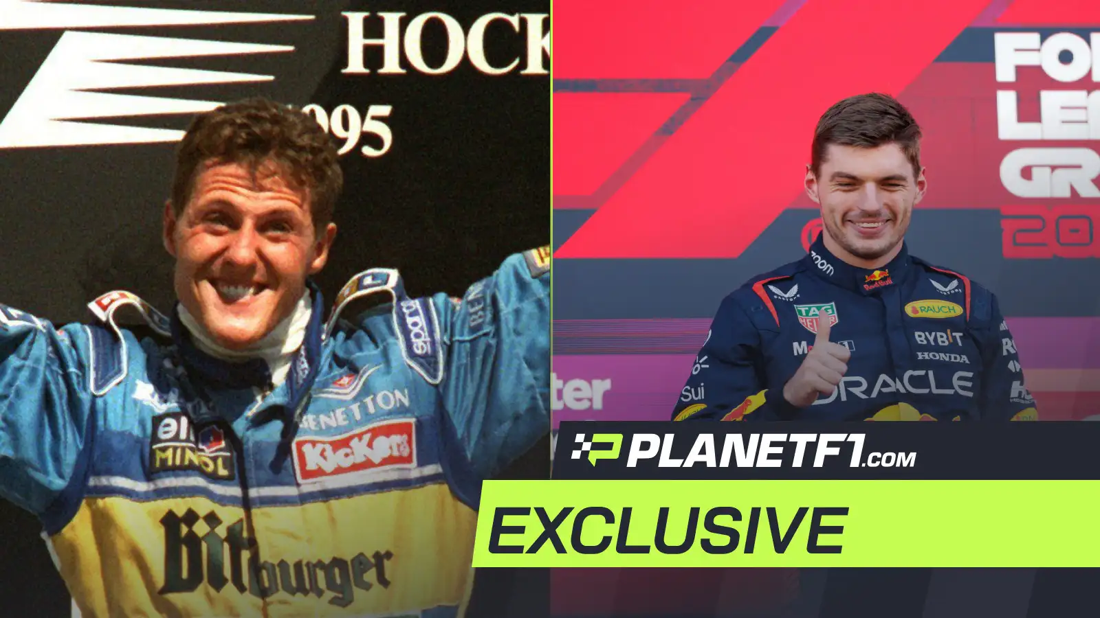 Michael Schumacher stands on the podium as a race winner for Benetton in 1995, and Max Verstappen in the paddock for Red Bull in 2023.