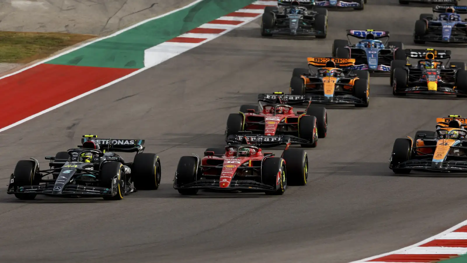 Lewis Hamilton and Charles Leclerc battle for position during the US Grand Prix at the Circuit of the Americas.