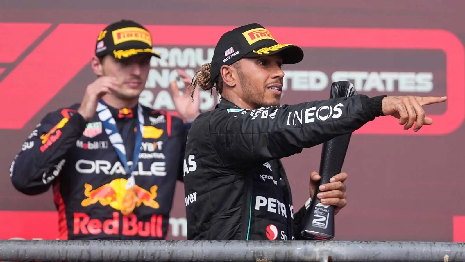 Lewis Hamilton on the podium at the US Grand Prix.
