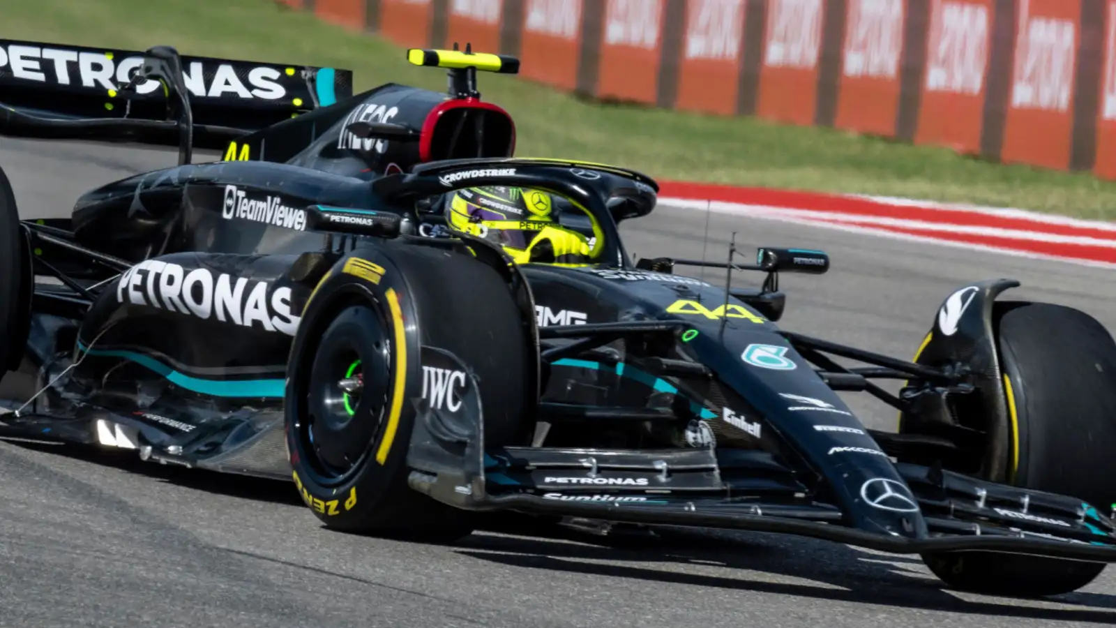 Mercedes driver Lewis Hamilton puts in the laps in the upgraded W14 in Austin.