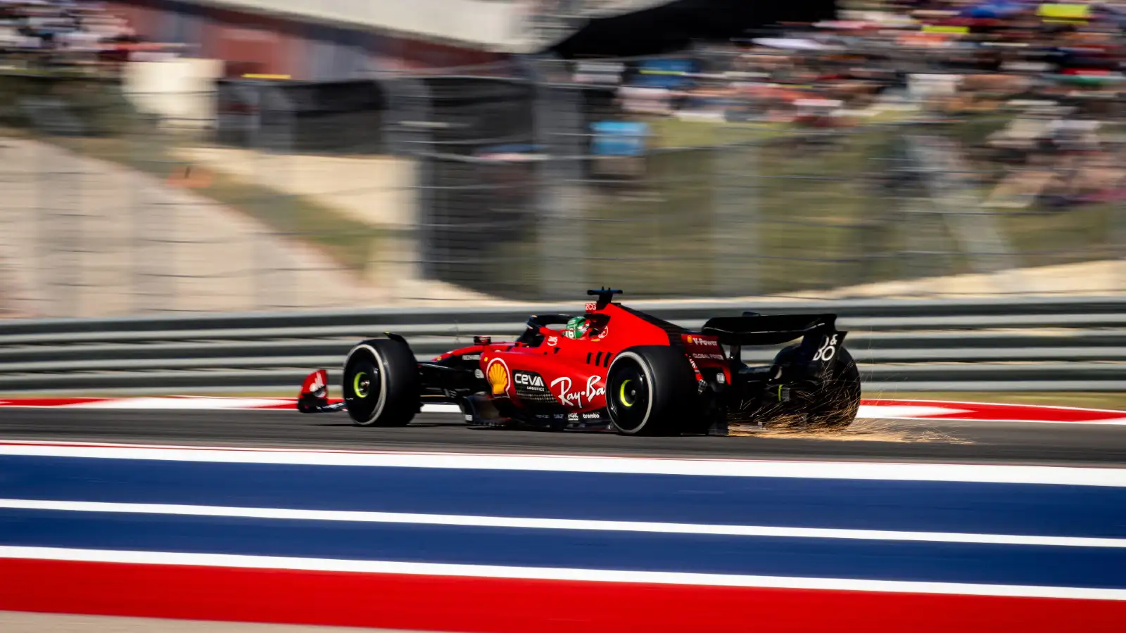 Sparks fly from under Charles Leclerc's Ferrari over the United States GP weekend at the Circuit of the Americas.