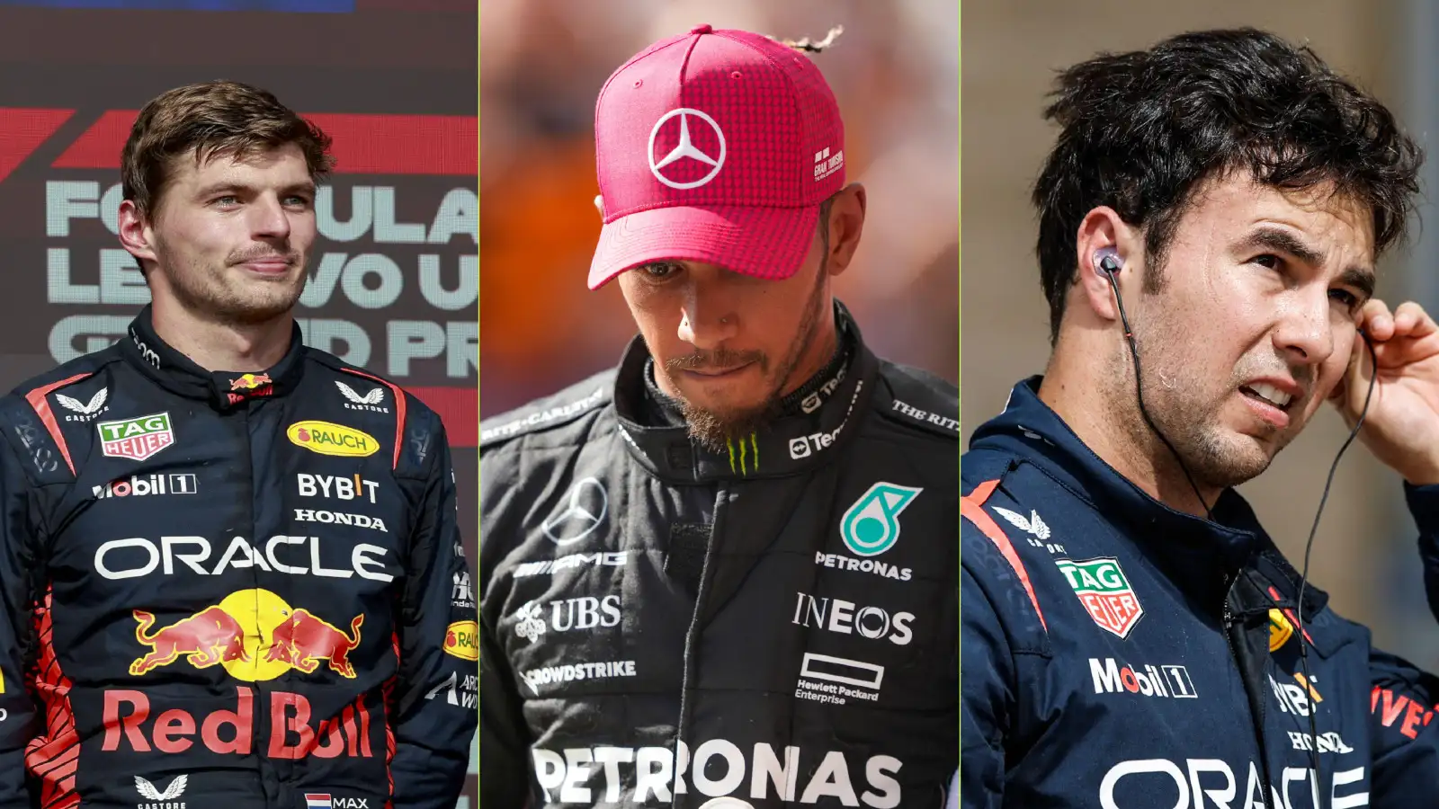F1's most-talked F1 drivers on Reddit, Max Verstappen, Lewis Hamilton, and Sergio Perez.