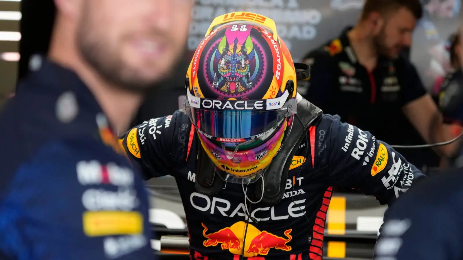 Red Bull driver Sergio Perez with his special edition Mexican GP helmet.
