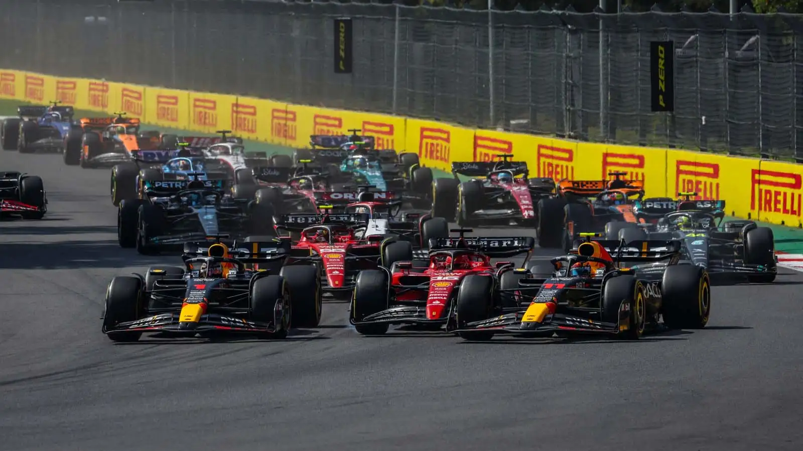 Max Verstappen leads the field into Turn 1 at the Mexican Grand Prix.