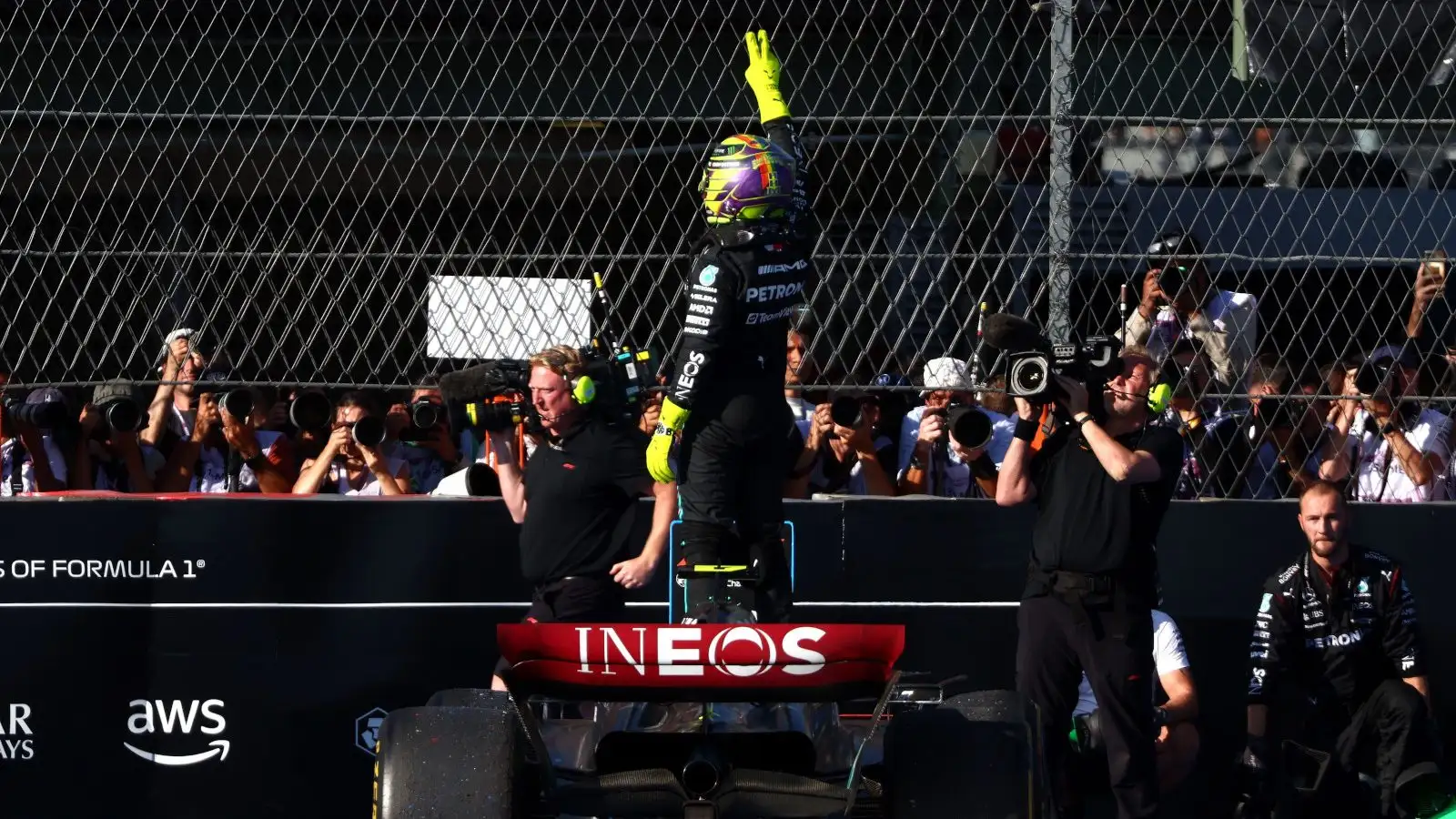Mercedes driver Lewis Hamilton celebrates his runner-up result at the Mexican Grand Prix.