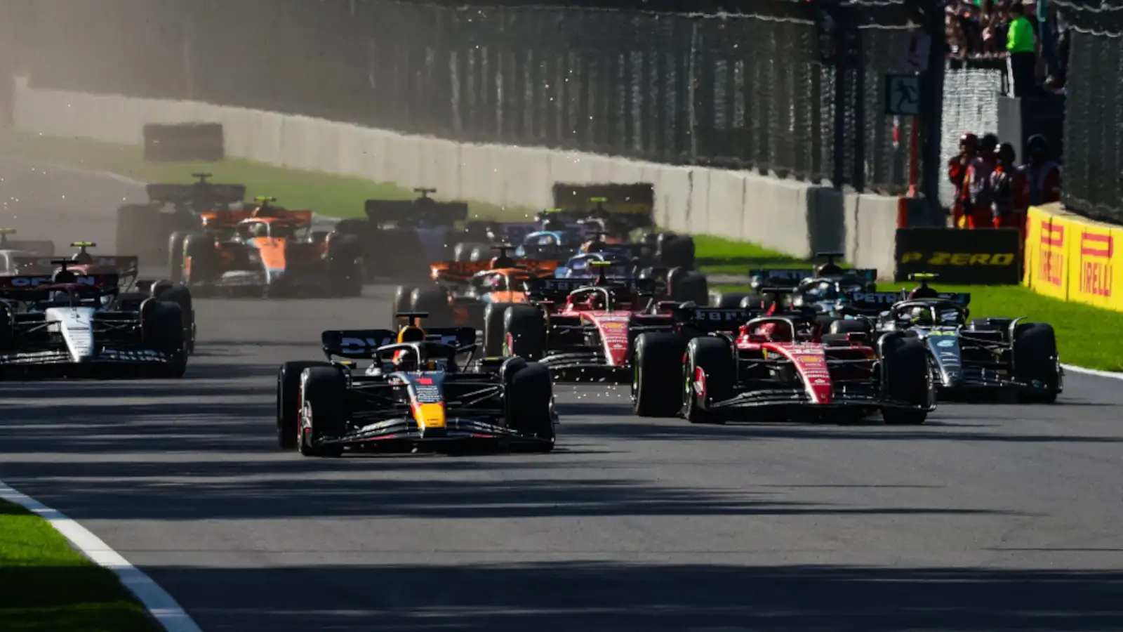 Restart in Mexico with Max Verstappen pulling away from Charles Leclerc.