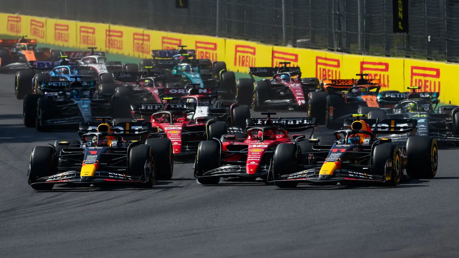 The start of the Mexican Grand Prix as Max Verstappen surges ahead into Turn 1.