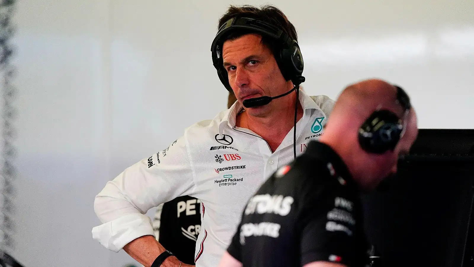 Toto Wolff watches on from the Mexican Grand Prix garage